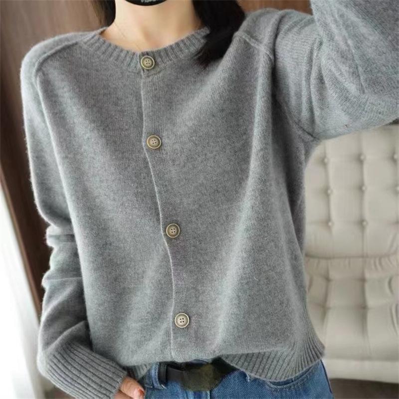 

Осень и Зима Новый Свитер Кардиган Женский Круглый Вырез Свободный Однотонный Вязаный Свитер Куртка Топ 3XL серый