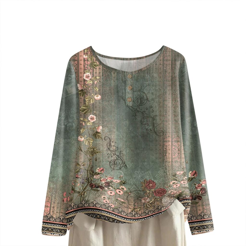 Women's Fashionable And Casual Shirt Long Sleeve Round Neck -color Cotton And Linen Blouse Top