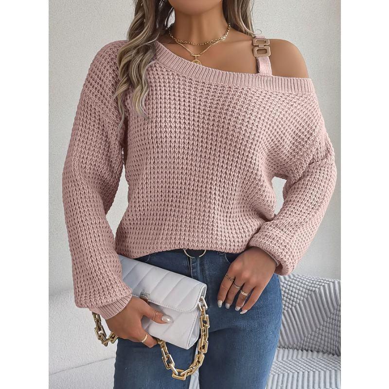 VEZFAA Women's Fashion Casual Fall Winter Solid Color Print Long Sleeve Oblique Collar Sweaters