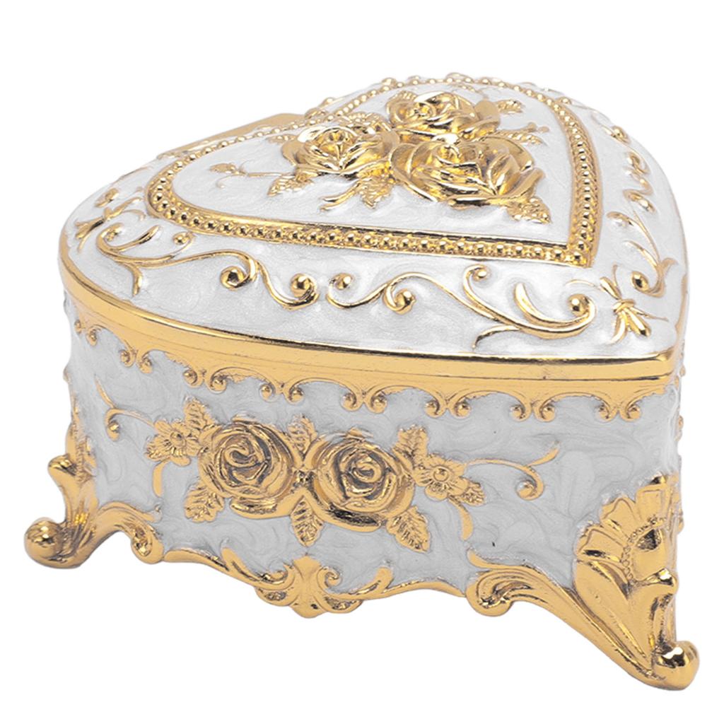 Small Jewelry Box Heart Shape Vintage Decorative Box Zinc Alloy Storage Container for Accessories and Gifts White