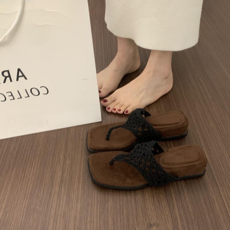 

Праздничная версия~ Плетеные вручную шлепанцы с толстой подошвой, щиплющие пальцы ног, женская обувь, не устаешь носить на улице летом, сандалии на танкетке для пляжа 40 чёрный
