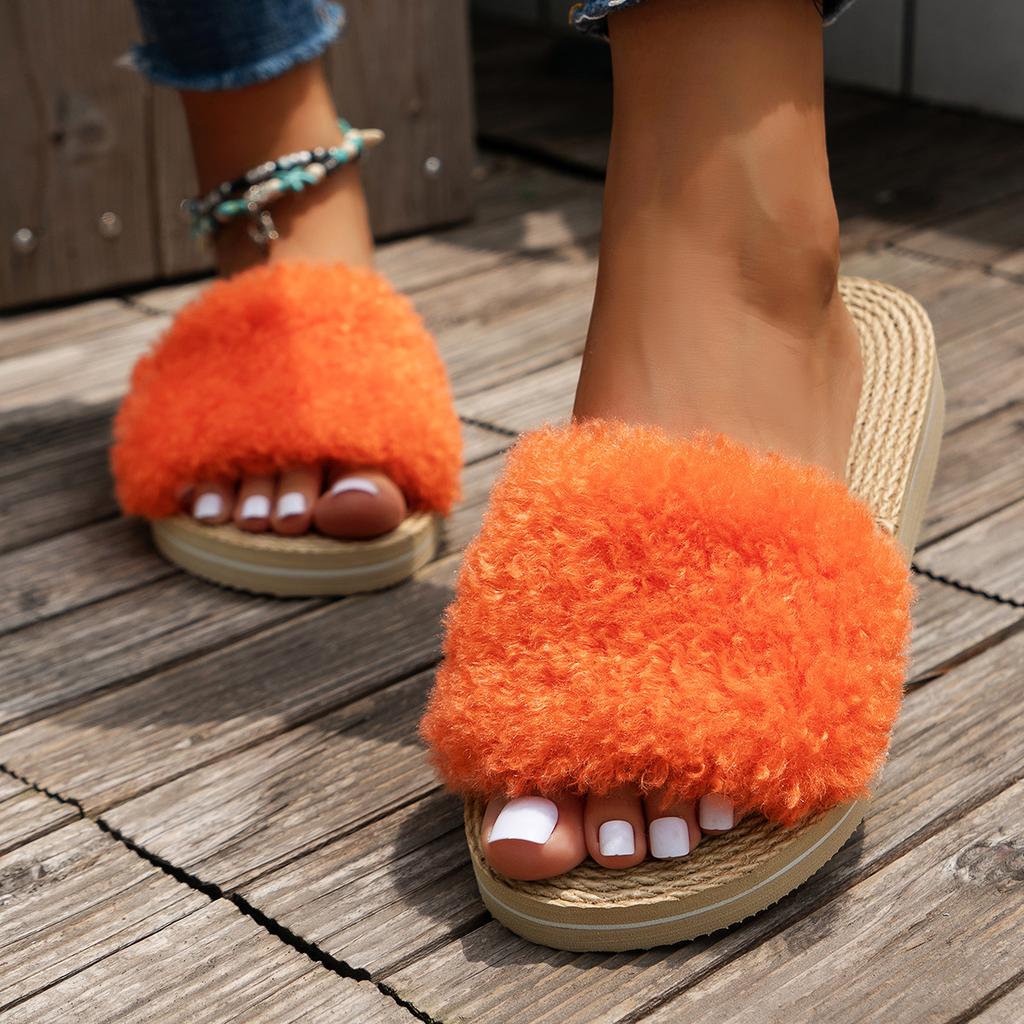 New winter plush cute outer wear women's fluffy slippers indoor open-toed flat-bottomed home slippers