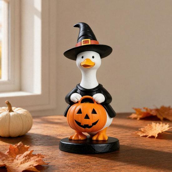 DYS Halloween Goose Figurine, Witch Hat Resin Ornament, Cute Ghost Statue for Tabletop Mantel Shelf Holiday Decoration