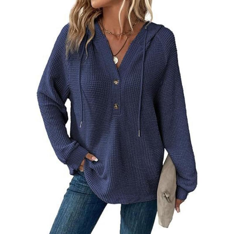 Waffelgestrickte Kapuzenpullover und Sweatshirts für Damen mit Kordelzug, Knopfleiste und V-Ausschnitt, lange Ärmel