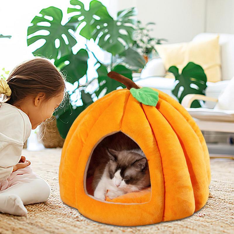 Halloween Pumpkin Shaped Cat Bed Comfortable Cave Bed Fully Wrapped Cave House for Winter Home Indoor Pet Warmth