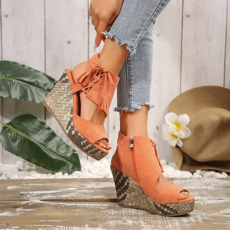 Fashion 2025 Summer Suede Leather Women's Thicken High Heels Hollow Out Sandals Sexy Elegant Platform Wedges Open Toe Ladies Shoes