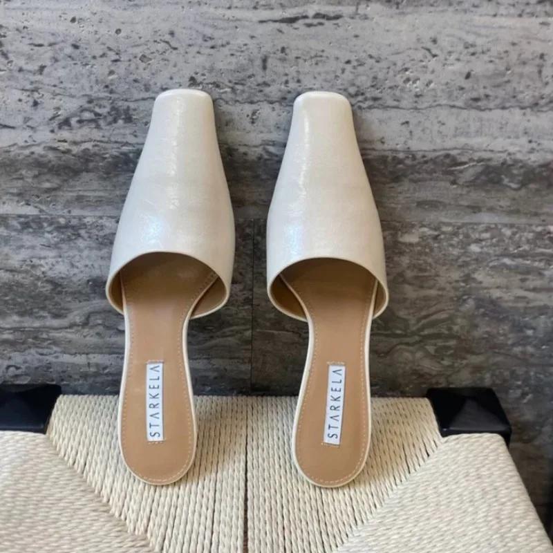 Square Toe Slippers Women High Heels Kitten Sandals Shoes Mules Fashion Summer 2025 New Leather Dress Pumps Casual Sandalias