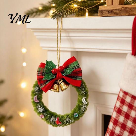 Xmas Gift Wrapping Accessories Mini Christmas Wreath Ornament, Hanging Decoration with Plaid Bow And Decorative Bells for Holiday Season Metal Bells,