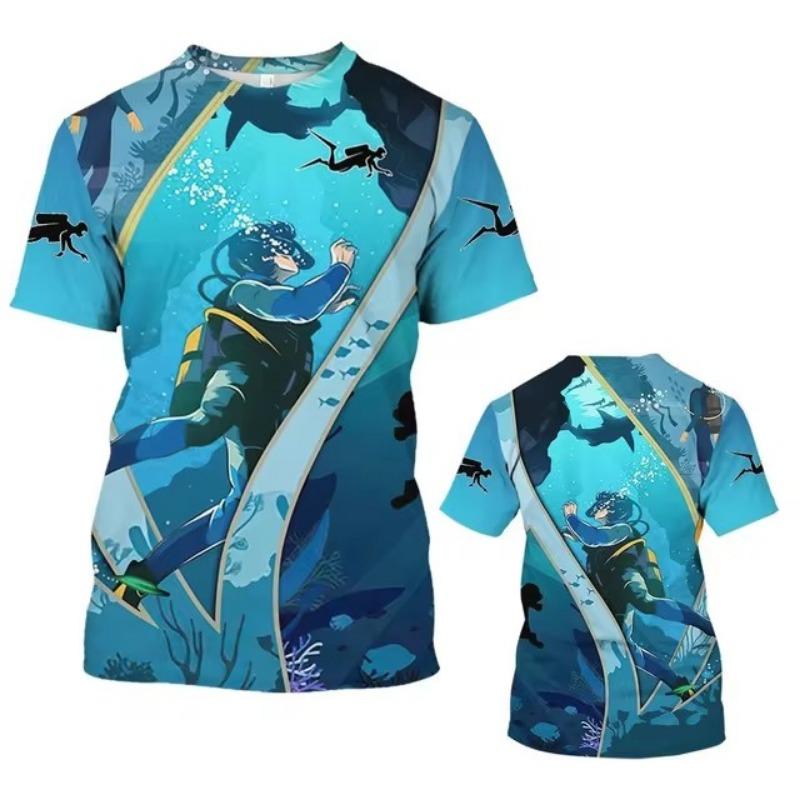 3D Diving Print Men's Novelty Short Sleeve Crew Neck T-shirt, Summer Outdoor