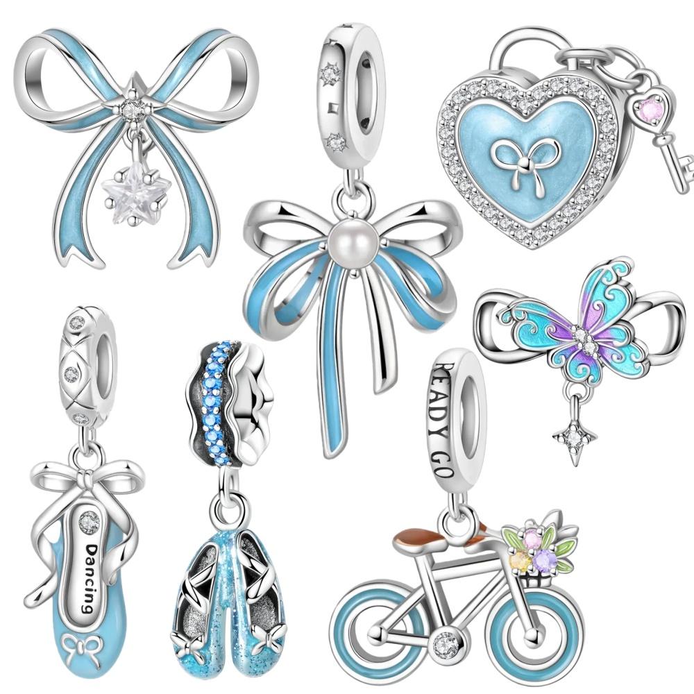 Copper Romantic French Sweet Blue Heart Lock&Bow Ballet Shoes Charm Beads Fit Arm Bracelet DIY Craft Jewelry Piece Women Birthday Party Gift Item