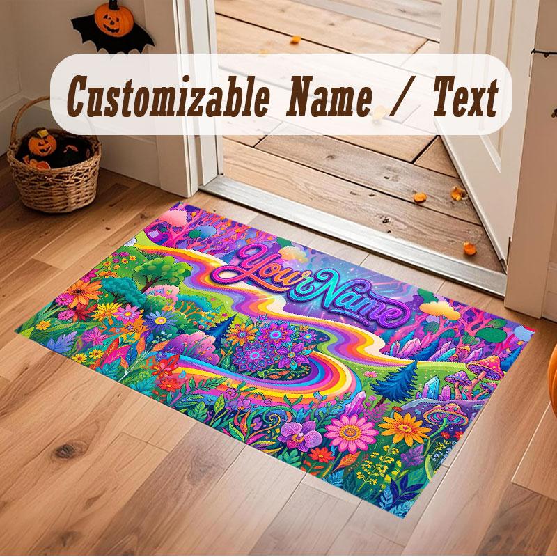 Mushroom Forest Theme Crystal Velvet Floor Rug Personalized Custom Name Text Warm Carpet Home Decoration