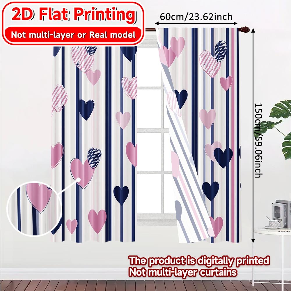 2D Flat Printing  2pcs HeartsandStripes Chic Fashionable Curtains Polyester Easy Install Curtains Outdoor Decorations for Living