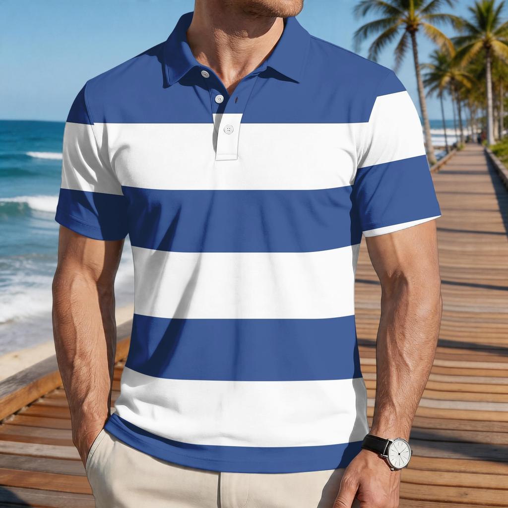 Men’s Loose Fit Striped Print Polo Shirt Short Sleeve Casual Turn Down Collar Lightweight Top for Everyday Wear