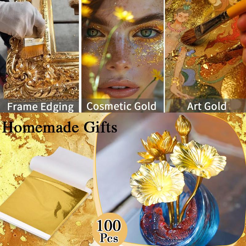 100 Sheets Aomily 9x9cm K Pure Practical Shiny Gold Leaf for Gilding Funiture Lines Wall Crafts Handicrafts Gilding Decoration