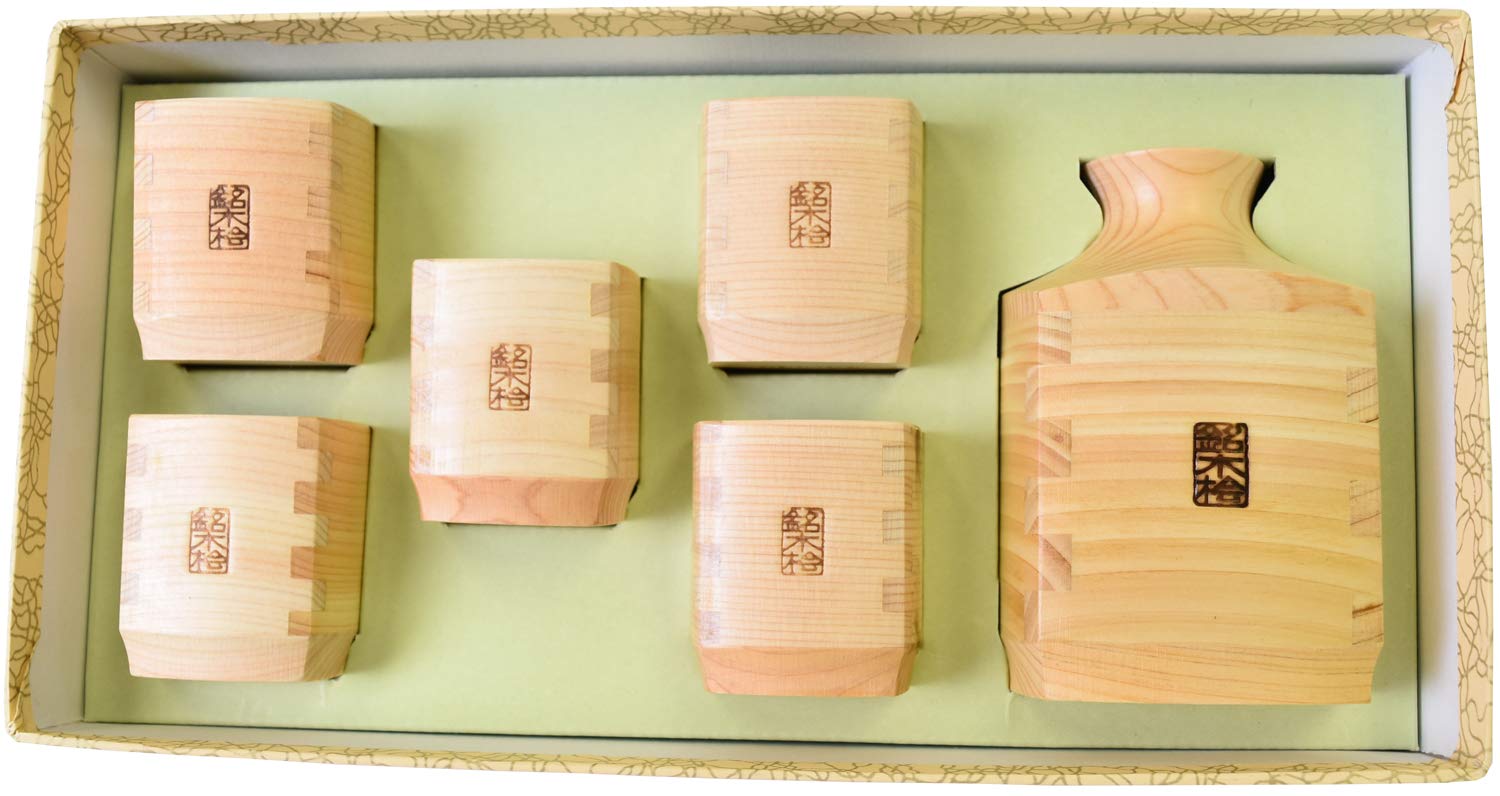 Kiso Crafts Sake Hinoki Square Sake Cup Set Bottle, Japanese-made, Wooden, Cypress, Shape, (6 pieces)