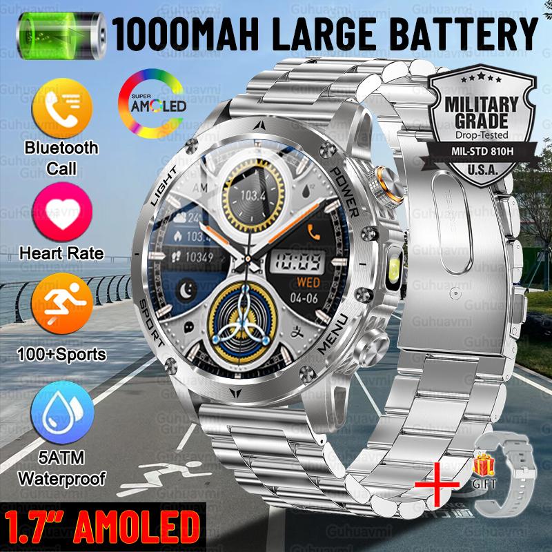 New Military Sports Smart Watch 1000mAh Battery 5ATM Waterproof LED Flashlight Fitness trackr Smartwatch Men