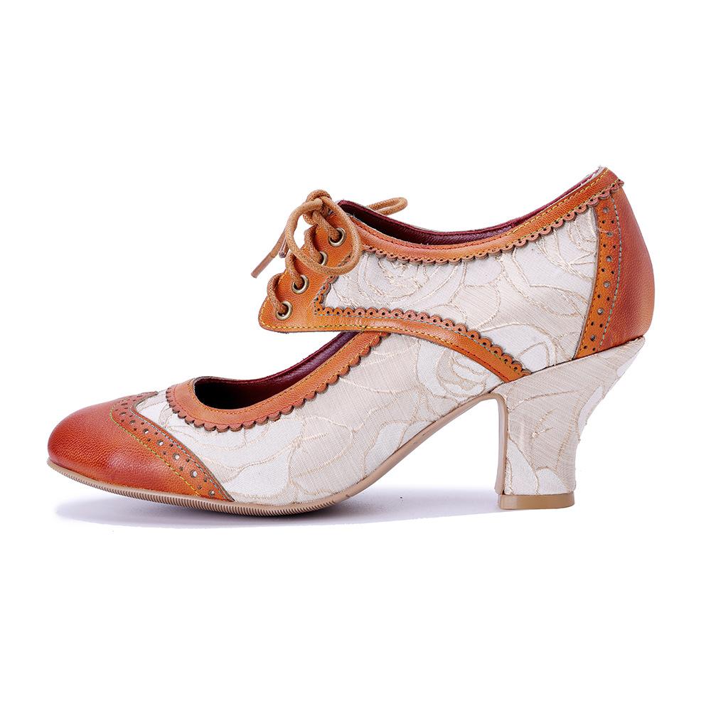 Johnature Vintage Patchwork Mary Jane Lace Up High Heels Handmade Genuine Leather Women's Shoes