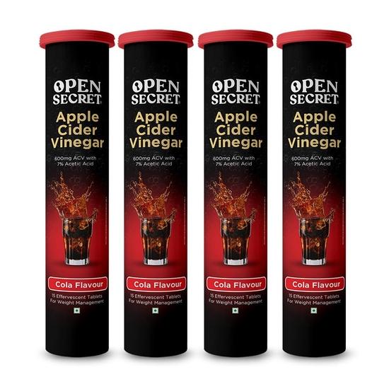 Open Secret Apple Cider Vinegar Tablet | 60 Effervescents | ACV Tablets for Weight Loss, 100% Vegan ACV (Cola Flavour - Pack of 4)