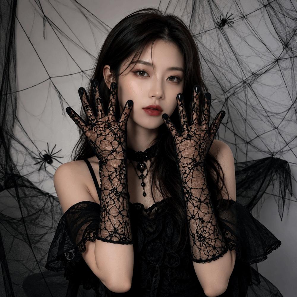 Elegant Solid Color Spider Web Gloves Transparent Gauze Women Driving Gloves Dark Series Mesh Long Mittens Girls