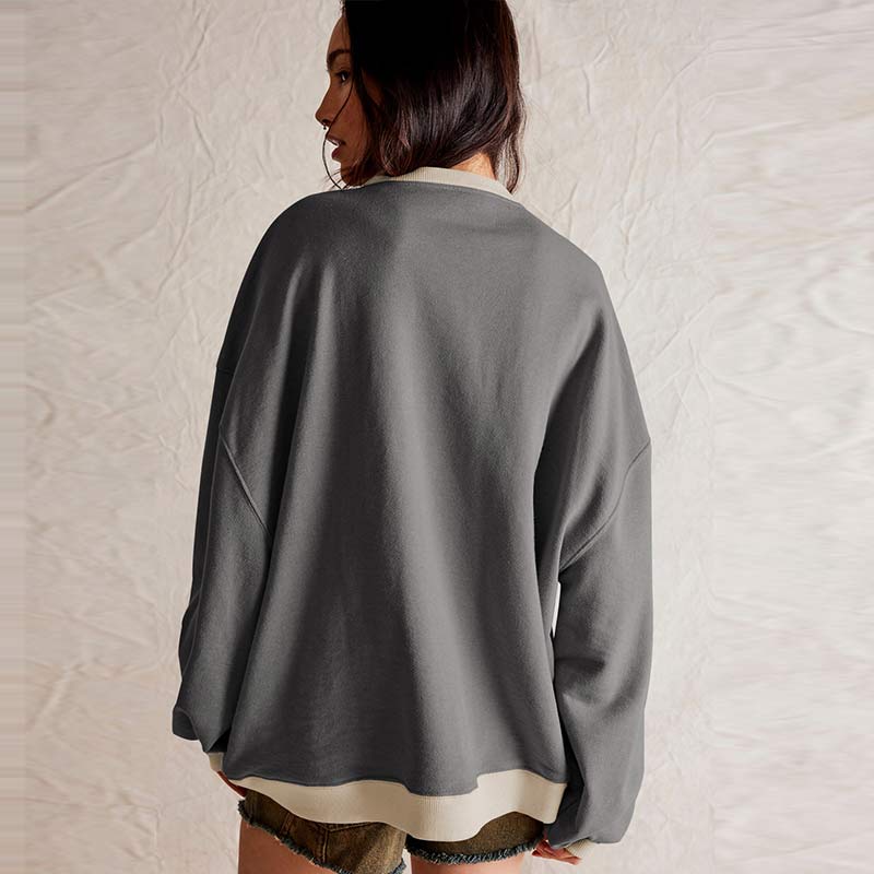 Casual Loose Contrast Sweatshirts Women Long Sleeved Round Neck Patchwork Hoodie Spring Autumn Street Style Pullover