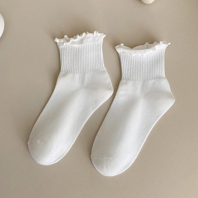 Spring and summer JK pure cotton solid color fungus lace socks women's medium tube Japanese cute girl socks Lolita versatile socks