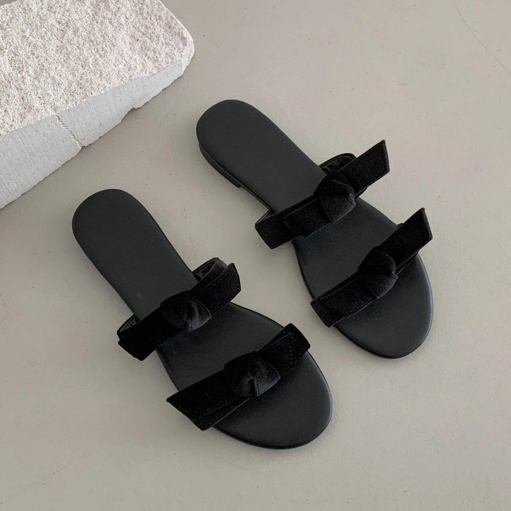 Slippers for Women 2025 Summer Bow Tie One and Double Straps Flat Sandals Womens Beach Wear Open Toed Round Toe Slippers/sandals