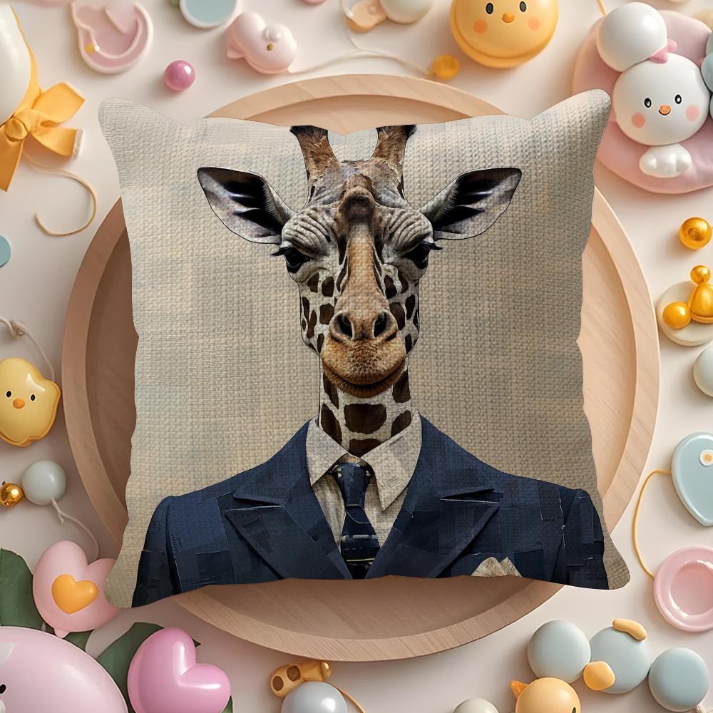 Retro Dressed Up Giraffe Pillow Case Pattern Printed Pillowcase For Living Room Sofa Cushion Cover Bedroom Decor