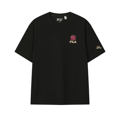 Fila Oryginalna Peony T Moda Prosta Klasyczna Retro Casual Sportowa Wygodna Dzianinowa Luźna Koszulka z Krótkim Rękawem Unisex Koszulki Czarna F51U619101FBK