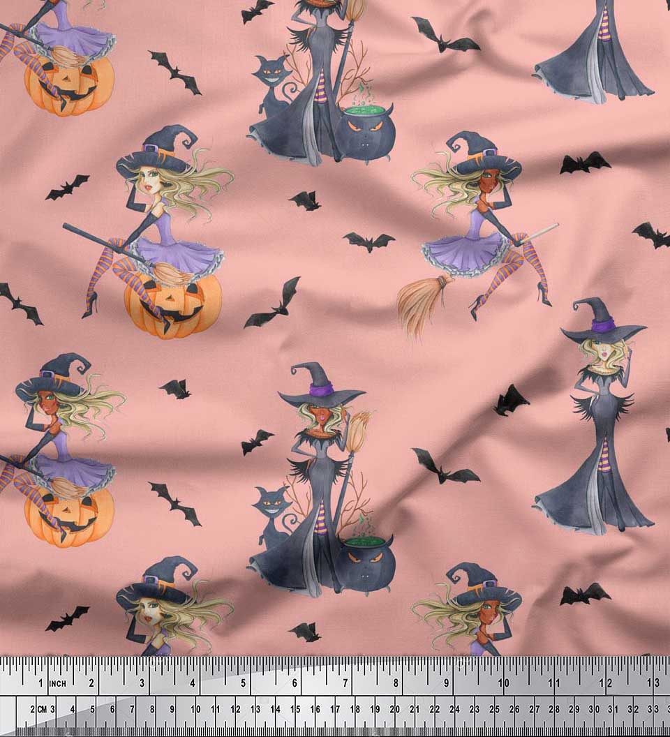 

Тканина Soimoi Japan Crepe Satin Magic Potion, Bat & Witch Halloween Print Тканина на метр 42 дюйма 42 Inch Wide - Poly Crepe рожевий