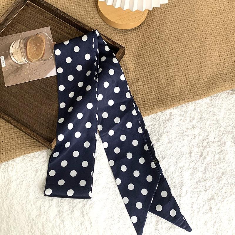 Polka dot silk scarf, long strip, high-end sense, summer retro binding, ribbon, streamer, multi-purpose, small scarf, headscarf, headband, belt.