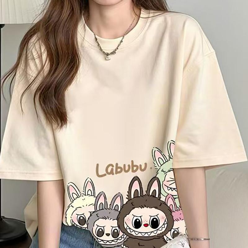 Labubu Print Women Short Sleeve T-shirt Summer Casual Fashion Clothing Girl Cartoon Cute Anime Printed Tops
