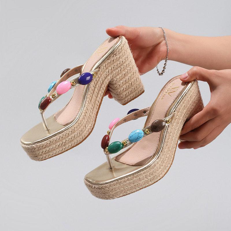 Fashion Hemp Rope Wedge Heel Sandals, Colorful Beaded Flip-Flops, Summer Casual Vacation High Heels