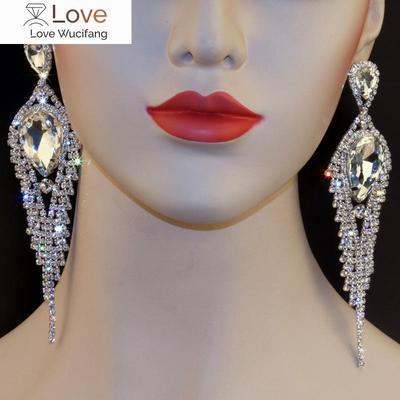 Pendientes colgantes de cristal chapados en plata de Chran para fiesta, clásicos, brillantes, exagerados, con borlas largas para mujer