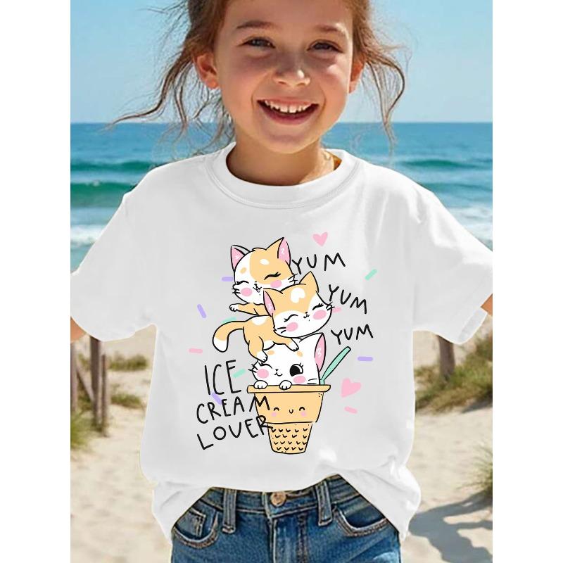 European sizes Summer Fashion Girls Short-Sleeve T-Shirt YUM YUM YUM ICE CREAM LOVER Three Kittens Ice Cream Heart Cartoon Print Casual Versatile Top 98cm белый
