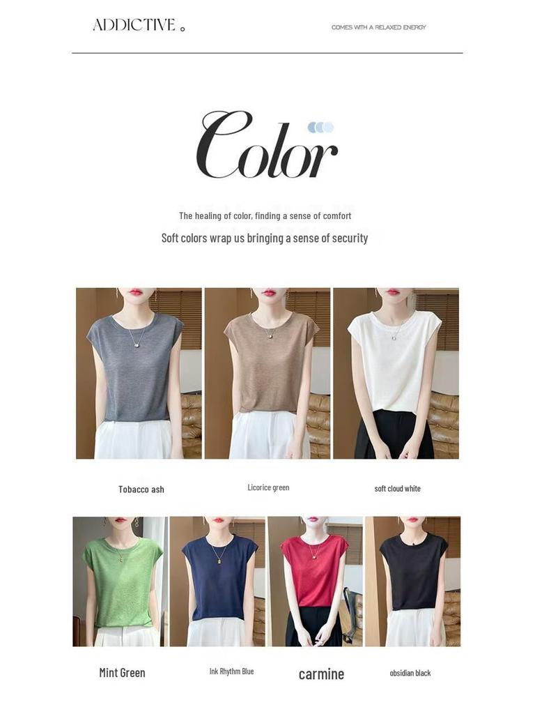 2026 Spring Women's Puff Sleeve Knit T-Shirt - Solid Color, Round Neck
