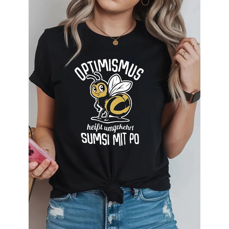 Plus Size - Plus Size - Cartoon Bee German OPTIMISMUS Means SUMSI MIT PO in Reverse Pattern Printed Plus Size Women S Fashionable S