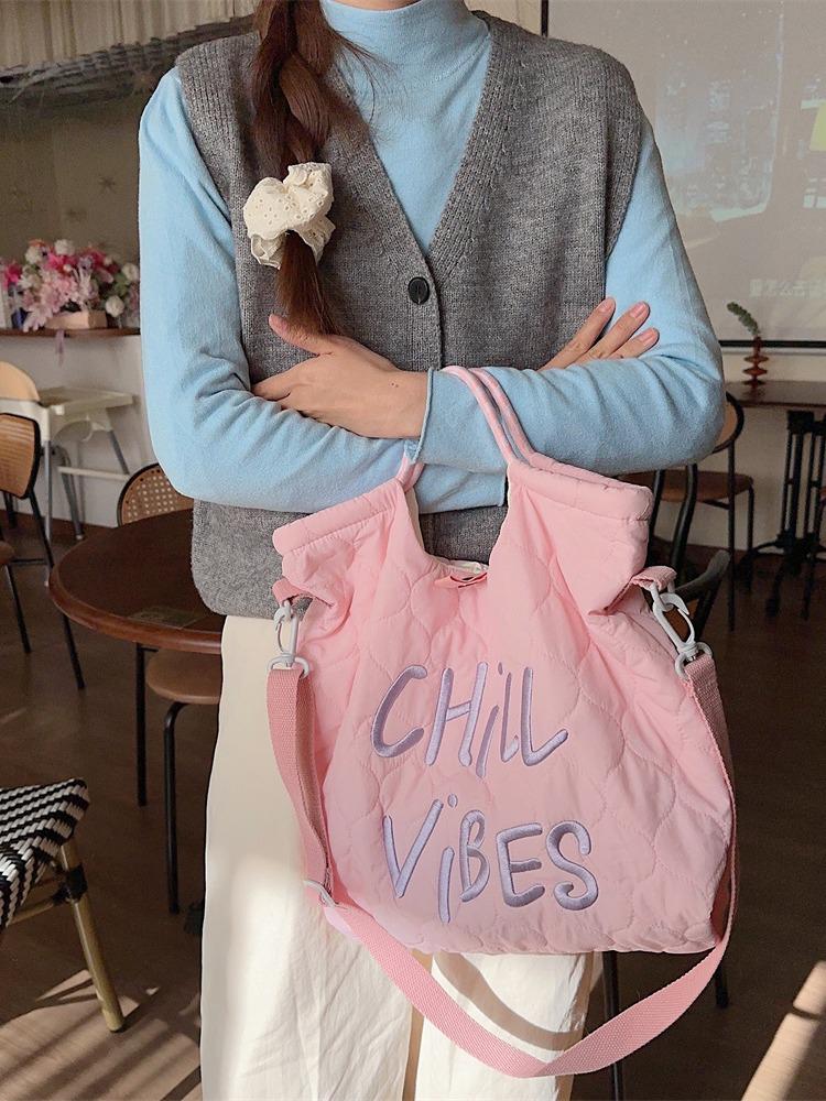 Autumn/Winter Quilted Canvas Tote & Crossbody Bag with Korean Style Embroidered Lettering