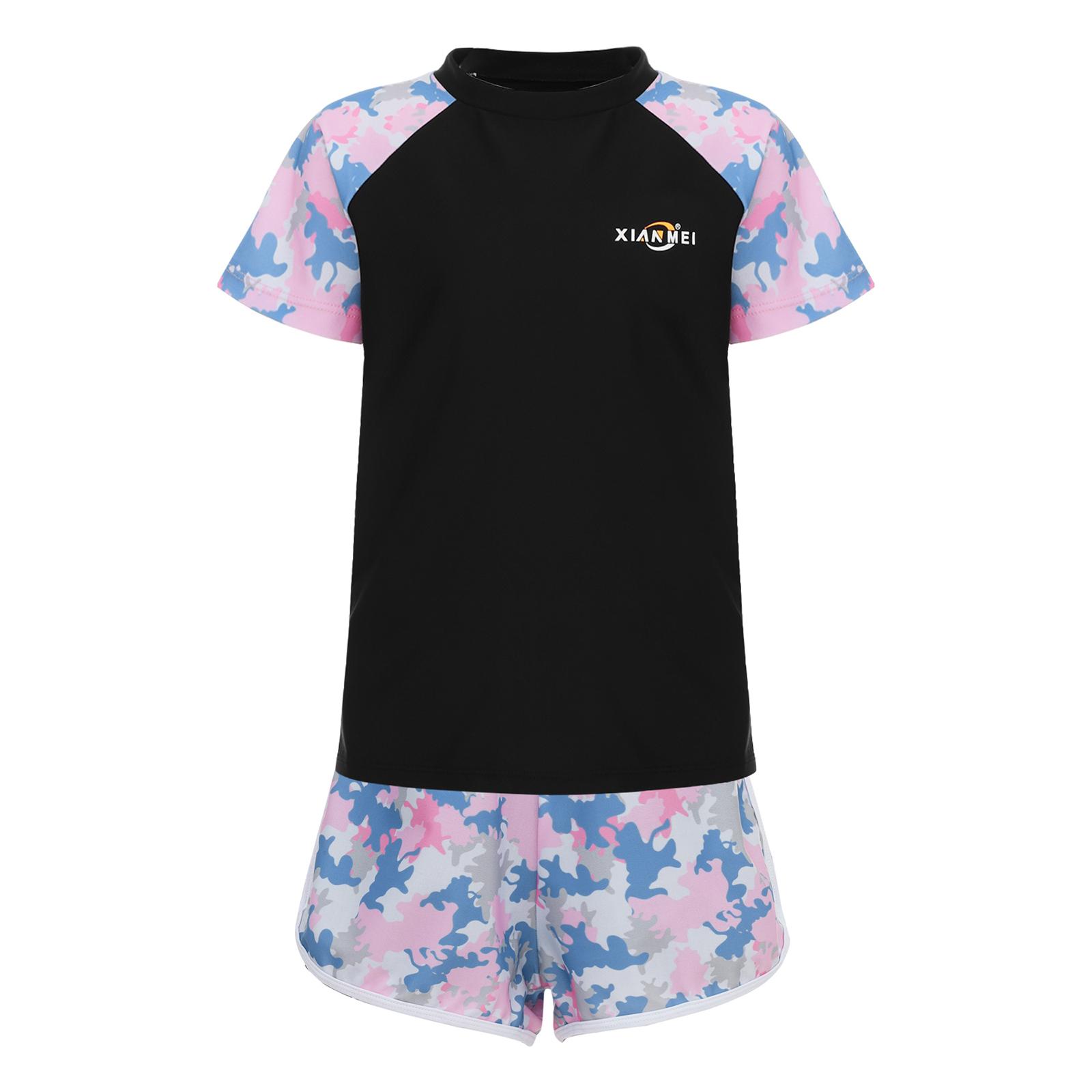 

Girls Camouflage Swim Set Short Sleeve Rashguard Top Matching Swim Shorts Pool Beach Bathing Suit Sun Protection 5-6 Years чёрный