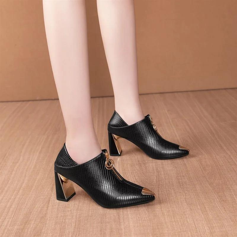 Fashion 2025 Autumn New Fashion Women's Sexy Soft High Heels Nude Boots Black Zipper Comfortable Leather Metal Pointed Pumps