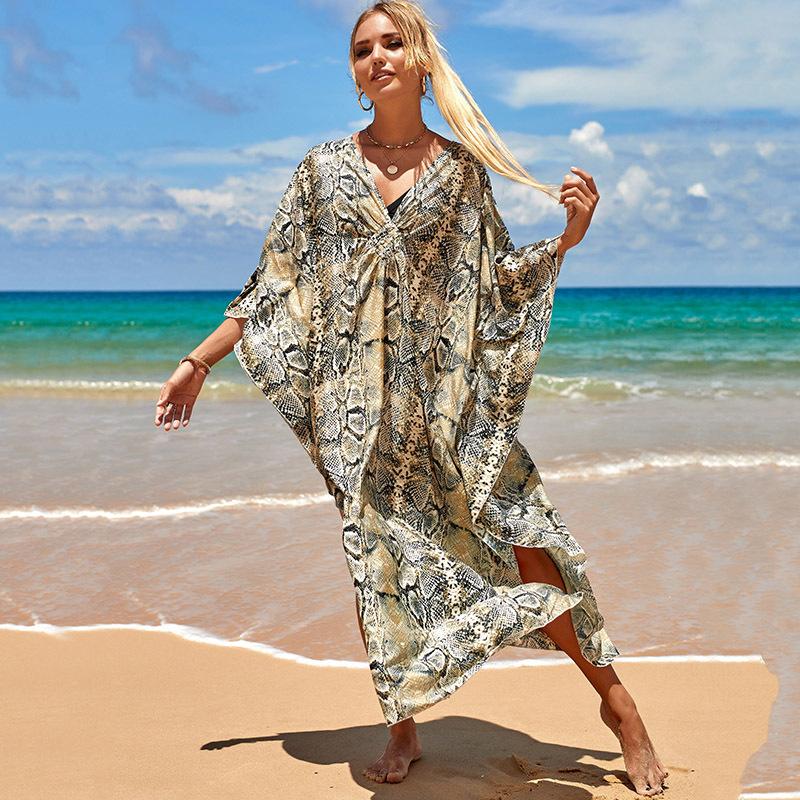 Boho přikrývka větší velikosti, dámský potisk plus malba netopýří rukáv rukáv do V výstřih s děleným lemem Maxi zakrývací šaty