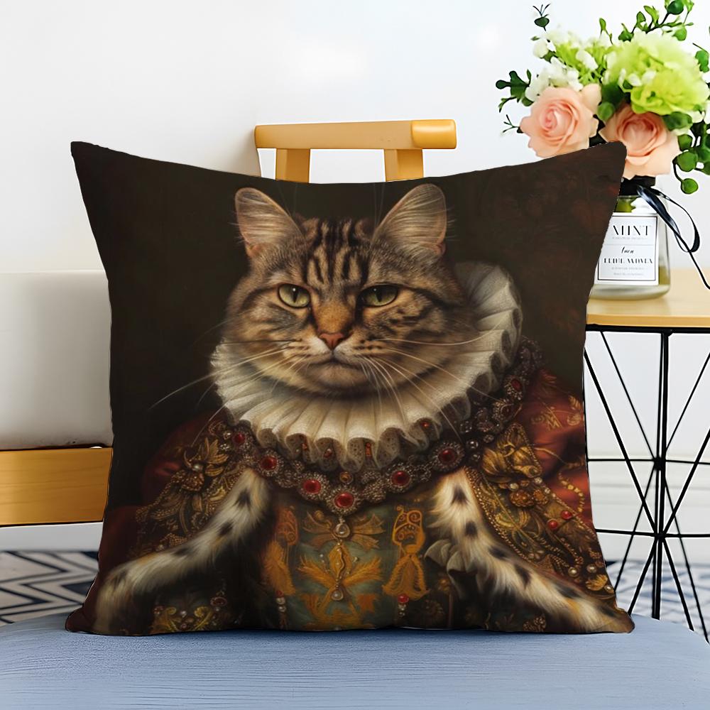 Renaissance Royal Cat Funny Cushion Cover Washable Linen Pillowcase Soft  for Sofa Bed Cozy Home Room Decor