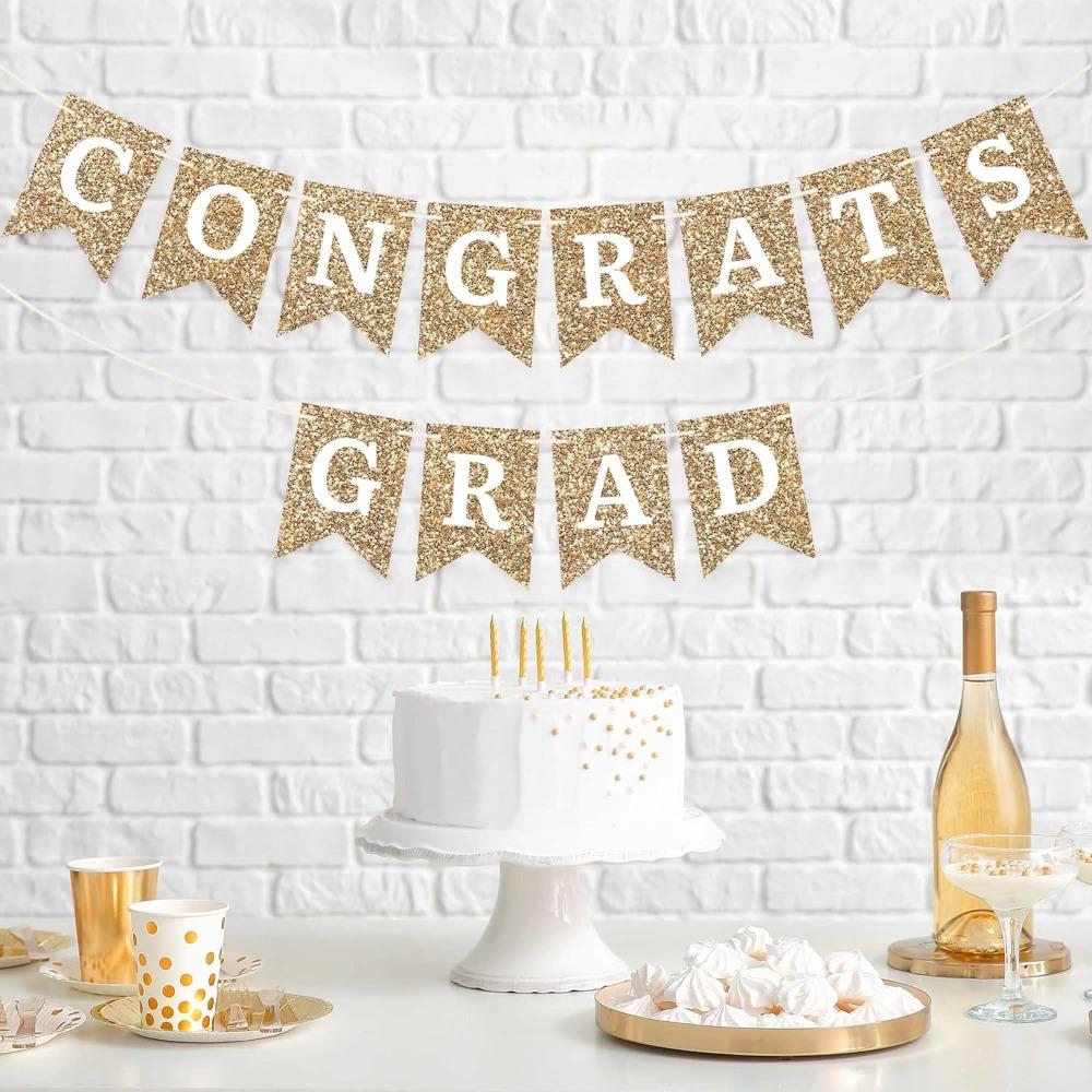 3sets Pre-strung Congrats Grad Banner Golden Glitter Graduation Party Banner Pre-strung Garland on Strand Party Streamer Decorations & Decor