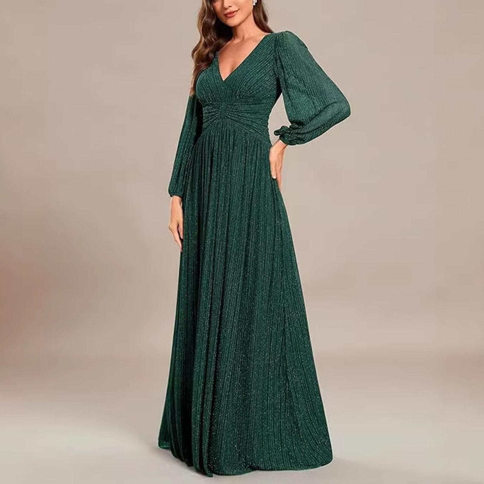 

Women s Summer Casual And Elegant Party Dress: V-Neck Long-Sleeve Dress L темно-зеленого