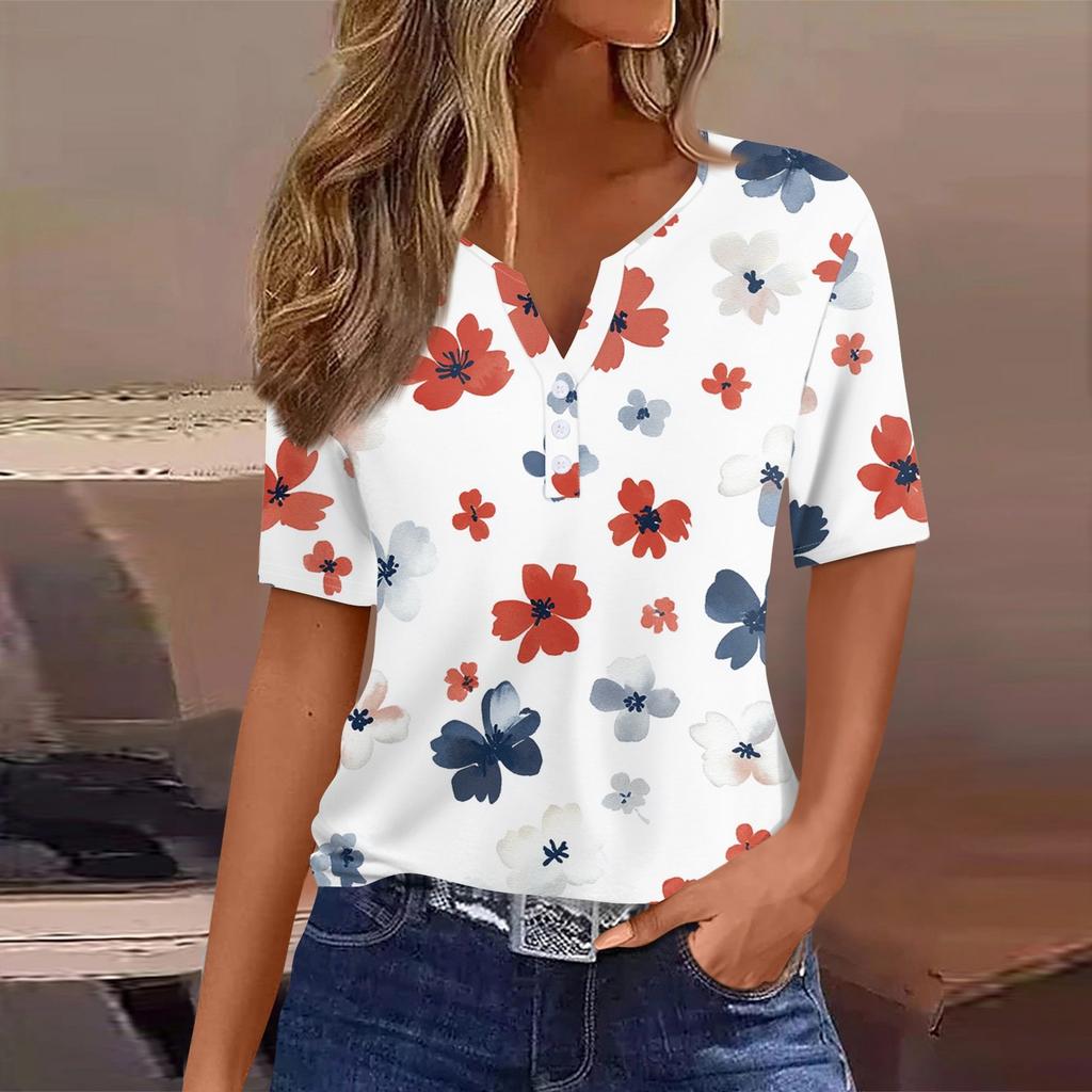 Dámské ležérní tričko s potiskem, výstřihem do V, krátkým rukávem a ozdobnými knoflíky