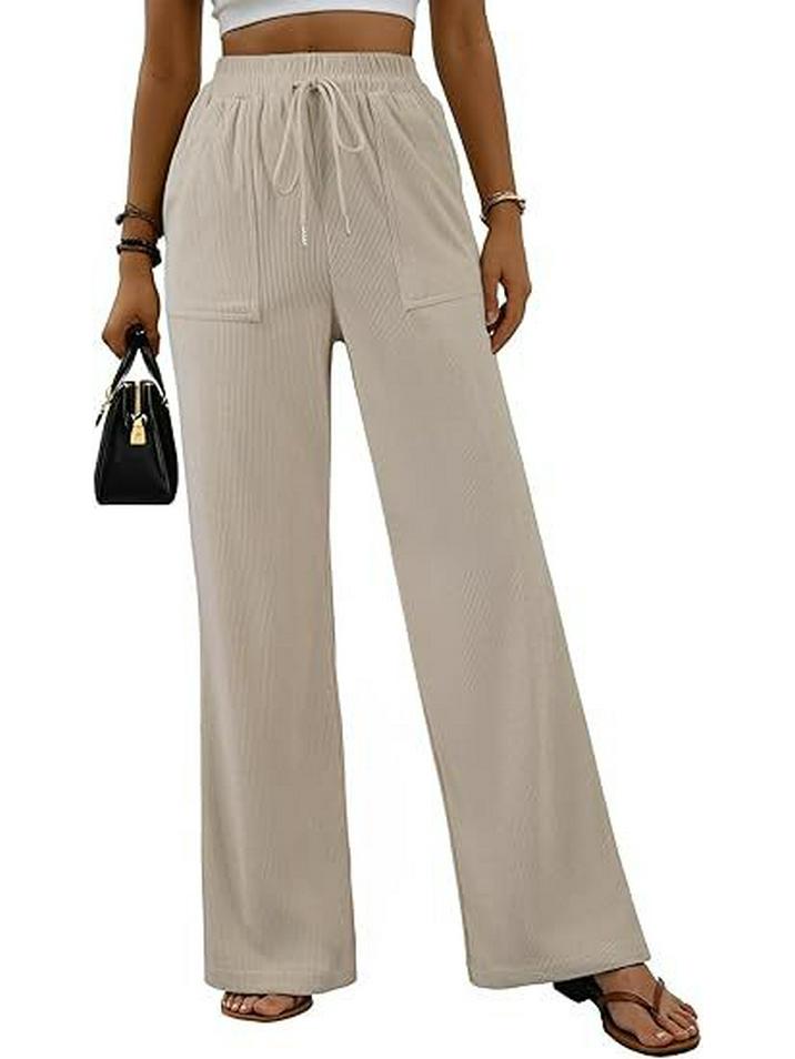

2025 Winter Elastic High Waist Corduroy Wide-Leg Pants with Tie and Pockets XL вершковий/білий