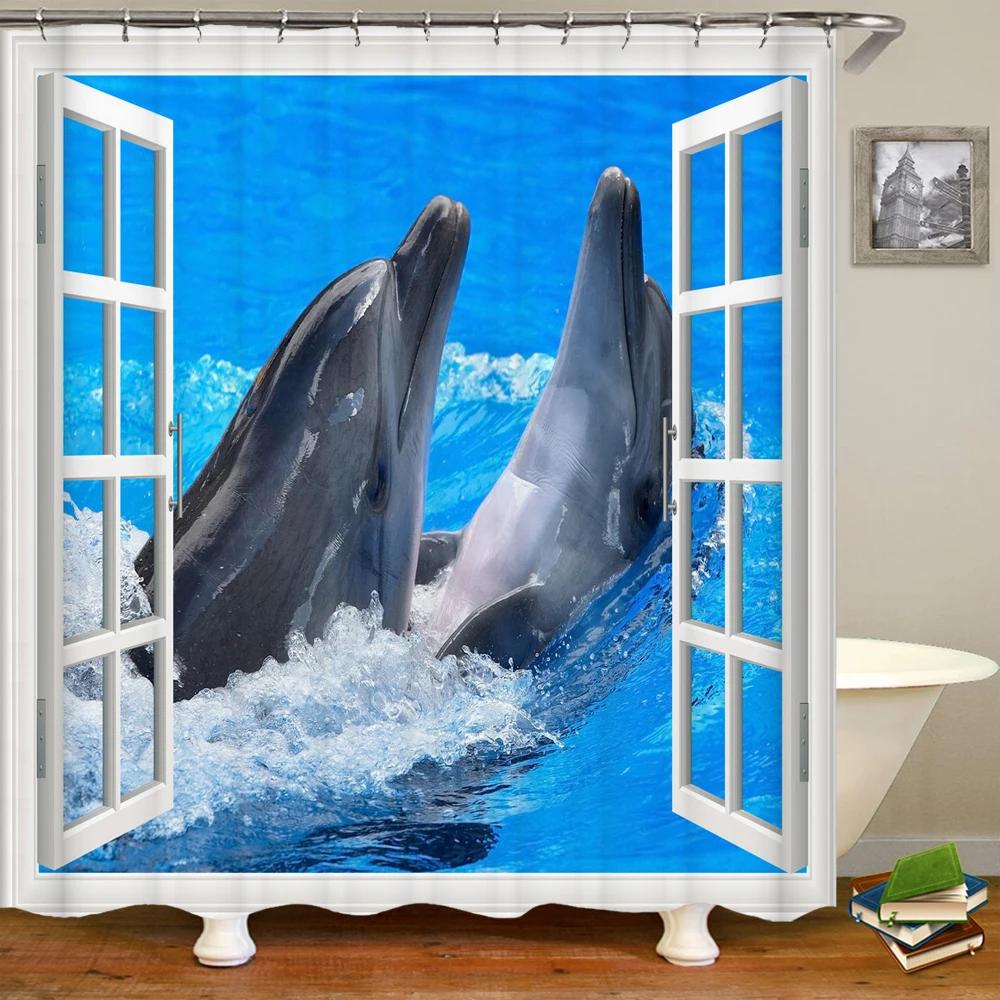 3D window opening scenery beach landscape printing shower curtain washable fabric curtain bathroom decoration with hook curtai