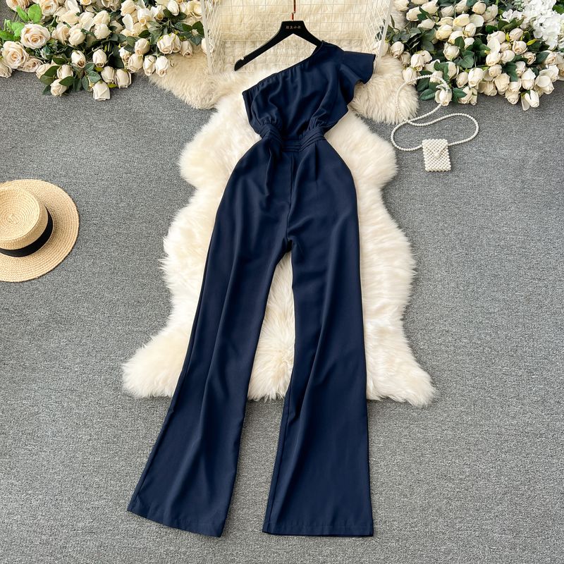 Travel Holiday Style Diagonal Collar Strapless High Waist Jumpsuit