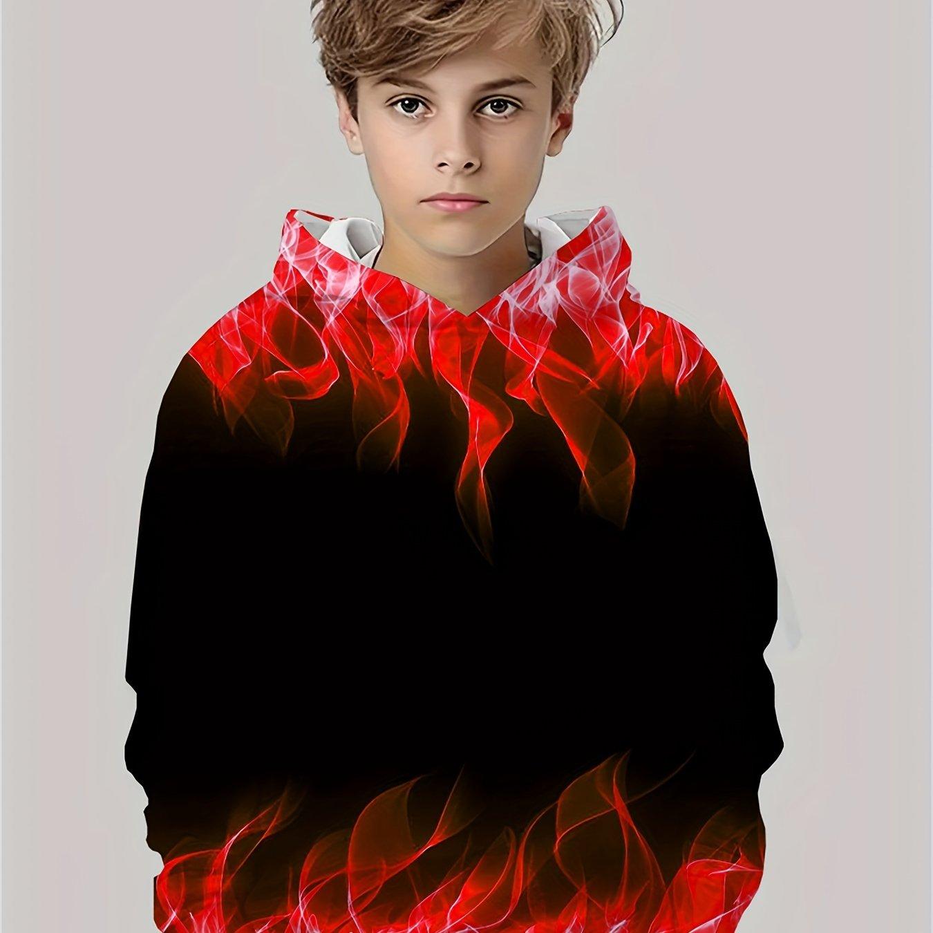 Детская одежда Толстовки с капюшоном для мальчиков с длинным рукавом и принтом 3D-пламени Детская одежда на весну и осень Повседневная стильная одежда для мальчиков и девочек Топы-пуловеры 160