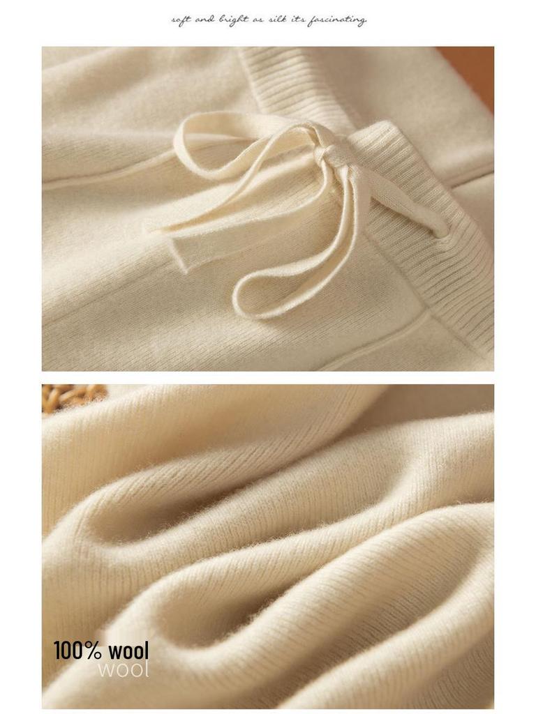 Dámské vlněné kalhoty s vysokým pasem a širokými nohavicemi - Podzimní/zimní ležérní pletené kalhoty ke kotníkům