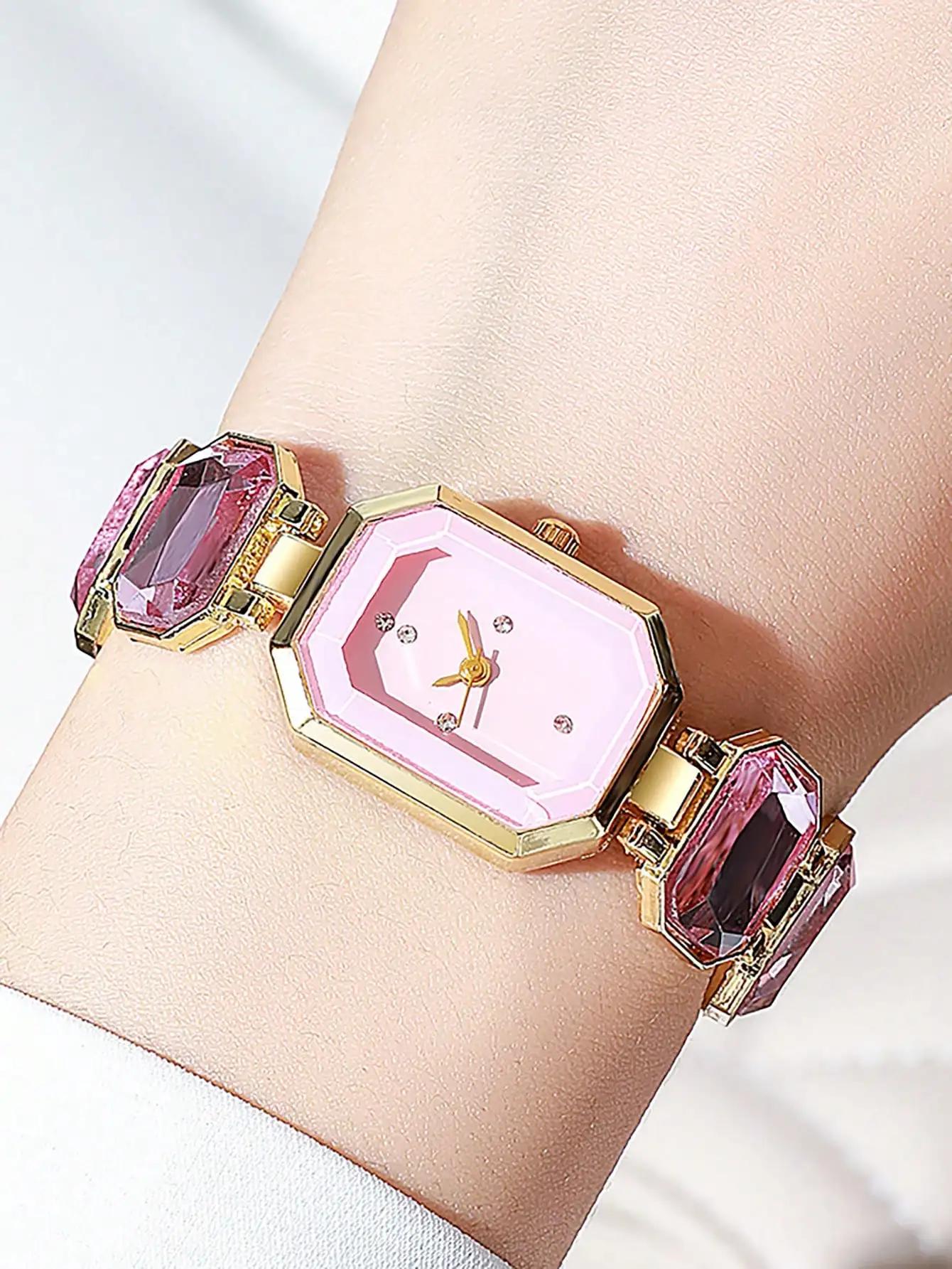 

Женские квадратные часы Роскошные из нержавеющей стали Водонепроницаемые Бриллиантовые Кварцевый механизм Модные часы-браслет Розовое золото Женские часы розовый